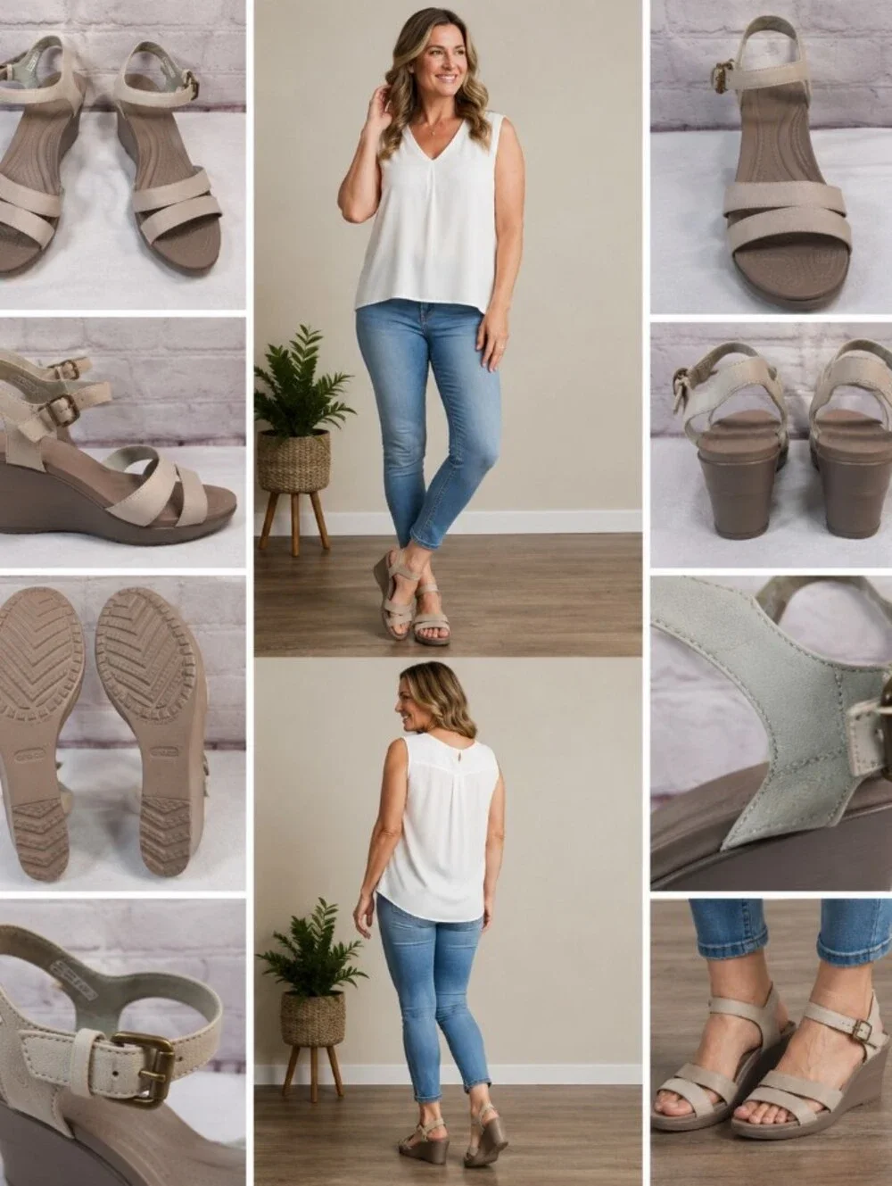 crocs leigh beige ankle strap wedge sandals women’s size 10